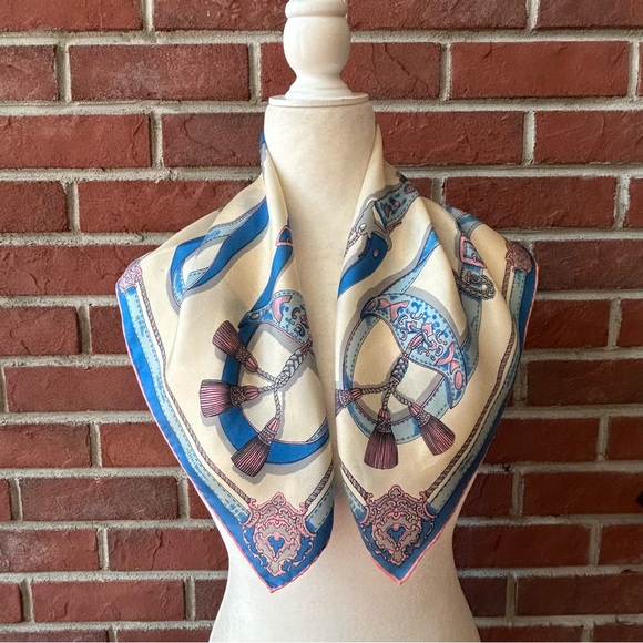 •Silk Handrolled Blue Pink Cream Graphic Square Scarf 22”x23” Made In Japan - Picture 14 of 14